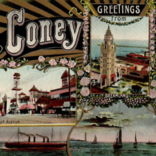 c1909 Greetings Coney Island Postcard Multiview Theochrom Gilt Dreamland VTG NY picture
