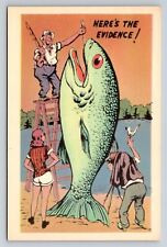 Here's The Evidence Fisherman On Ladder Holding Giant Fish Vtg Comic Postcard  picture