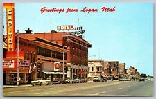 Greetings Logan Utah Main Street View Old Cars Signs Cache Valley VNG Postcard picture