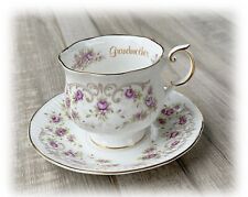 Vtg QUEEN’S ROSINA Tea Cup Saucer China Purple Roses Floral England Grandmother picture