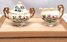 Vintage Hand Painted Mini Cream Sugar Bowl Japan Gold Floral Birds Bone Ceramic picture