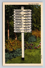 c1947 Linen Postcard ME Maine Sign Post in Maine Miles to World Cities picture