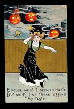 c1910 HBG Halloween Postcard Lady Scared og Ghost & Goblins picture