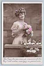 Postcard RPPC Hand Tinted French Pretty Woman Live Chicks Studio Easter Greeting picture
