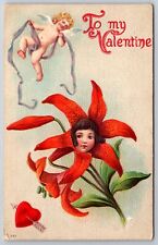 Valentine~Fantasy Flower Face Gets Cupids Attention~Arrow Thru Heart~Emboss~1909 picture