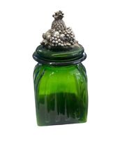 Green Ribbed Glass Canister Decorative Silver Fruit Finial Top Jar Lid picture