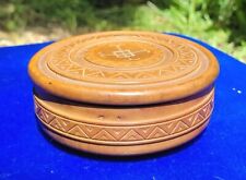 Vintage Decorative Handcrafted ROUND WOODEN JEWELRY BOX Carvings 4.5 in Diameter picture