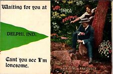 Postcard Waiting for you Awaiting Anxiously Pennant Delphi Indiana IN man woman picture