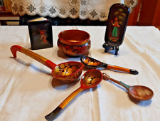 7 Vintage Russian/USSR Folk Items: Spoons, Bowl, Eyeglass Case, Address Book picture