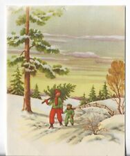 Used Vtg Christmas CARD-apx 4x4.75 Father & Son Carrying Fresh Cut Xmas Tree picture