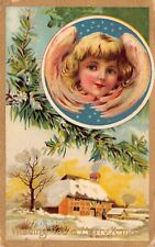 Antique Christmas Postcard Cherub Angel Wings Cottage Snow Winter Vintage c1910 picture