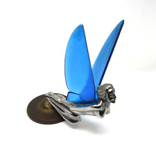 VINTAGE HOOD ORNAMENT CHROME FLYING GODDESS BLUE WINGS W/ BASE ORIGINAL RARE EXC picture