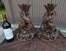 PAIR antique XL Black forest wood carved patridge bird candle holders rare 19thc picture