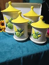 VINTAGE MCM HOLIDAY DESIGNS CERAMIC GREEN YELLOW PEAR FRUIT GLAZE CANISTER SET picture