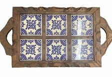 Vintage MEXICAN HAND CARVED Wood Ceramic Art Tile blue white SERVING TRAY 13x19 picture