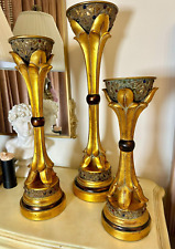 Vintage Hollywood Regency Gold Leaf Candle Holders with Colorful Gems - Set of 3 picture