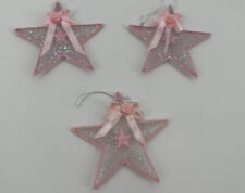 Star Christmas Ornaments (3) Pale Pink Glitter Satin Ribbon Rose Holiday 3.5