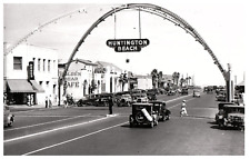 Huntington Beach CA City Entrance Main Street Shops Restaurant Old Cars Postcard picture