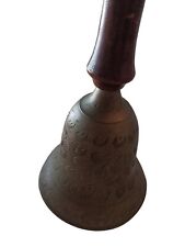 VINTAGE ETCHED BRASS HAND HELD BELL WITH WOOD HANDLE 9” picture