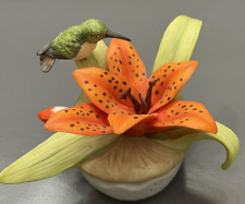 Georgian Fine Porcelain Trinket Box Tiger Lily Hummingbird Flower Figurine VTG picture
