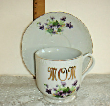 VTG Purple Feb Violets Gold Trim Porcelain Large Cup Saucer Mom Mother Day S picture