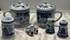 VNTG Cobalt Blue & White Porcelain Asian Village Lot Made In China- Mugs w/Lids picture