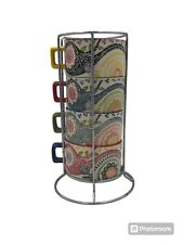 Pier 1 Imports Stacking Coffee Mugs Cups Multicolor w Stand Boho Retro Set of 4 picture