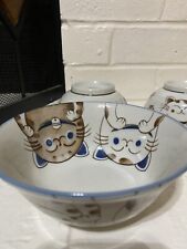 Mino Ware Smiling Cats Blue Japanese Ceramics Soup Ramen Noodle Donburi Bowls, 4 picture