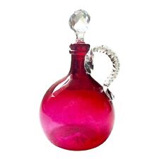 Antique Victorian Cranberry Glass Decanter  w Stopper Twisted Handle 9” picture