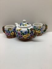 1996 Flowers Inc. Balloons Teapot w/ 2 matching mugs floral Pansies EUC picture
