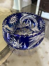 Vintage Czech Bohemian Cobalt Blue Cut to Clear Round Sawtooth Crystal Bowl 9” picture