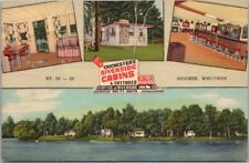Spooner, Wisconsin Postcard CHICHESTER'S RIVERSIDE CABINS Curteich Linen c1949 picture