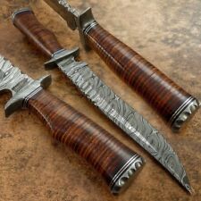 STUNNING CUSTOM MADE HAN FORGED DAMASCUS STEEL BOWIE KNIFE, LEATHER STACKS picture