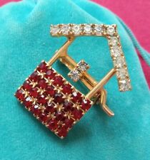 Vintage Clear & Red Rhinestone WISHING WELL Brooch Pin 1-1/2