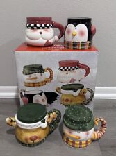 Jc Penney Home Collection, Santas Helpers Mugs With Lids Set Of 4 Open Box VTG picture