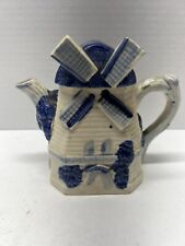 Vintage Blue & White Ceramic Dutch Windmill Teapot 1950s Made In Japan picture