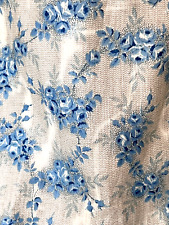Antique French Chintz Fabric  Blue Floral Roses 1850 Small Scale Dolls Cottage picture