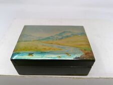 Russian Artist Signed Black Laquered Hand Painted Box - River & Mountains picture