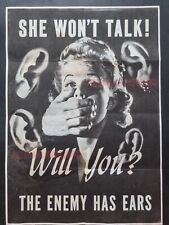 1943 WW2 USA AMERICA SHE WON'T TALK ENEMY EARS WOMEN SPY PROPAGANDA POSTER 832 picture
