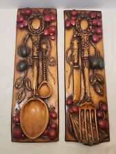 Vintage Mid Century Fork Spoon Wall Plaque Decor 20.5” Molded Plastic Faux Wood picture