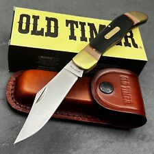 Schrade Old Timer Mustang Large Blade Sawcut Folding Pocket Knife Leather Sheath picture