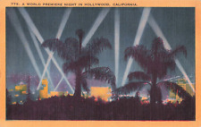 Hollywood CA, World Premiere Night, Flood Lights Palm Silhouettes, VTG Postcard picture