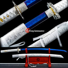White Blue Full Tang Sword 1095Carbon Steel Battle Ready Japanese Samurai Katana picture