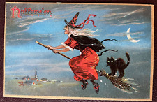 Halloween Tuck Postcard Full Witch on Broom with Black Cat Crescent Moon picture