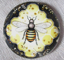 NEW LG GLASS DOME PIC BUTTON OF A HONEY BEE ON HONEYCOMB W BLACK FRAME  30mm picture