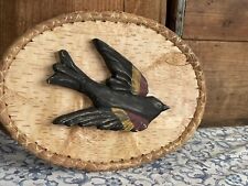 HAND CARVED WOOD Black Bird Signed & Dated on Birch Bark & Woven Pine Needles picture