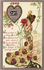 Tuck Zodiac Valentine Postcard 128 A/S Dwig June Cancer Girl & Rosebuds picture