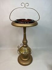 Vintage Smoke Stand Amber Ash Tray Glass Wood And Metal 27” With Handle picture