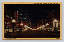 1940 Linen Postcard Salt Lake City UT Main Street at Night Street View Cars picture
