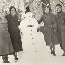 Vintage Snapshot Photograph Beautiful Young Women With Great Elvish Snowman picture